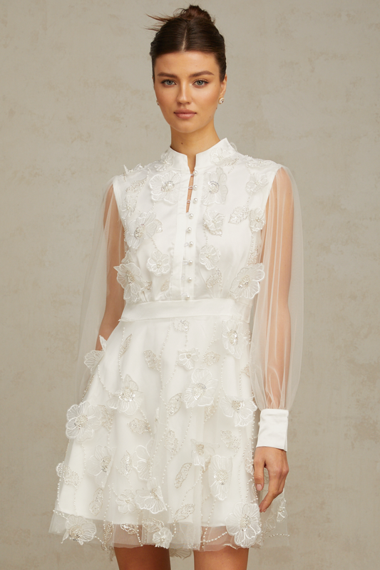Camille white 3D-petal tulle mini dress