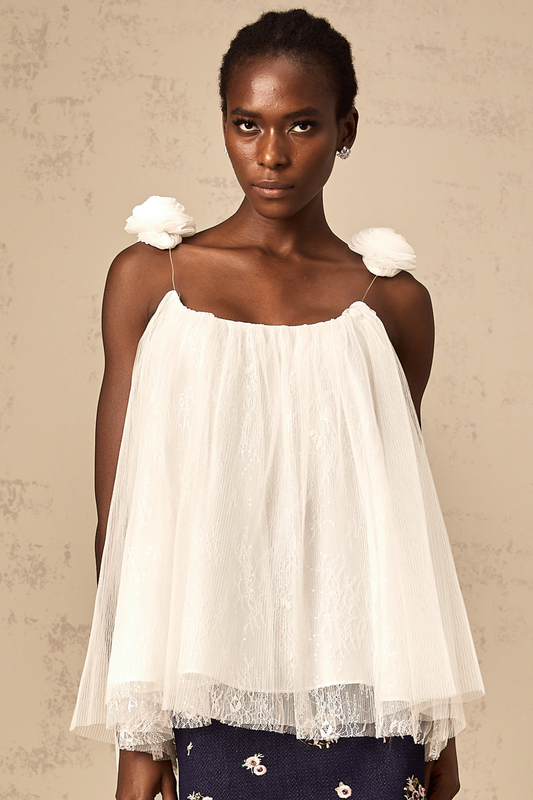 Katia white flower-appliqué mesh top