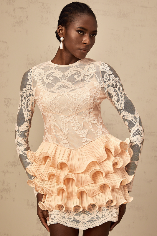 Irène floral-lace-panelling tiered mini dress