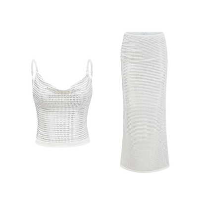 Sapphire rhinestone-embellished top & skirt matching set