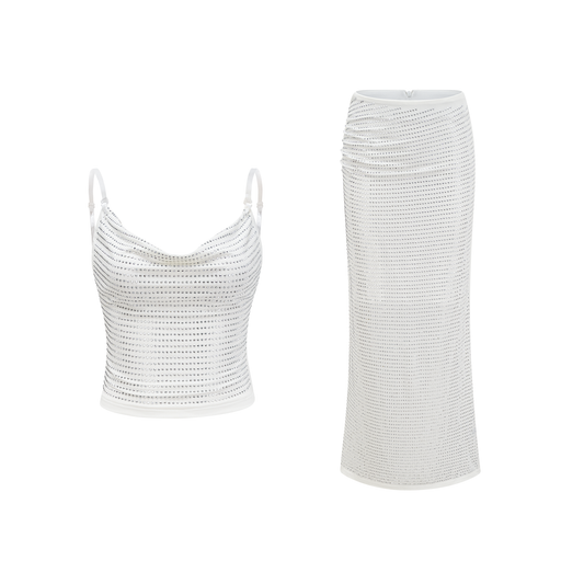 Sapphire rhinestone-embellished top & skirt matching set