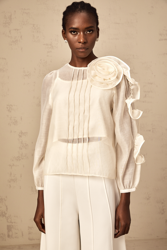 Pascale neutrals 3d-flower semi-sheer blouse
