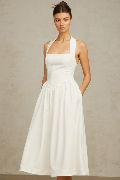 Alizée halterneck pleated midi dress in White