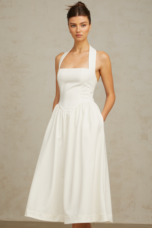 Alizée halterneck pleated midi dress in White