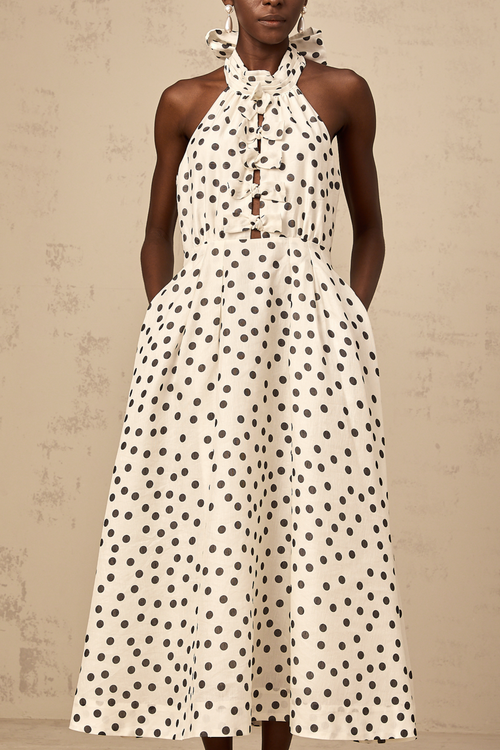 Audrey white bowknot polka-dot midi dress