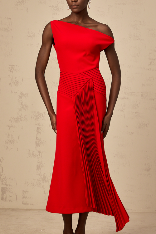 Laurine asymmetric draped midi dress in Red