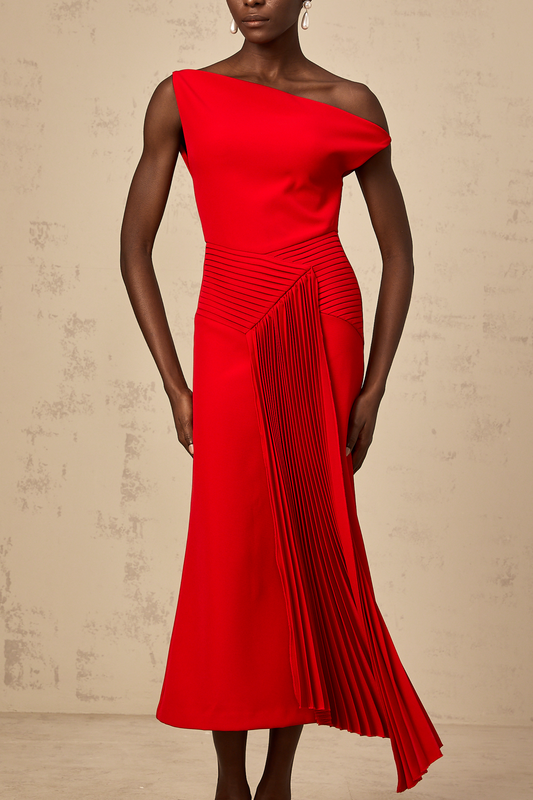 Laurine asymmetric draped midi dress in Red