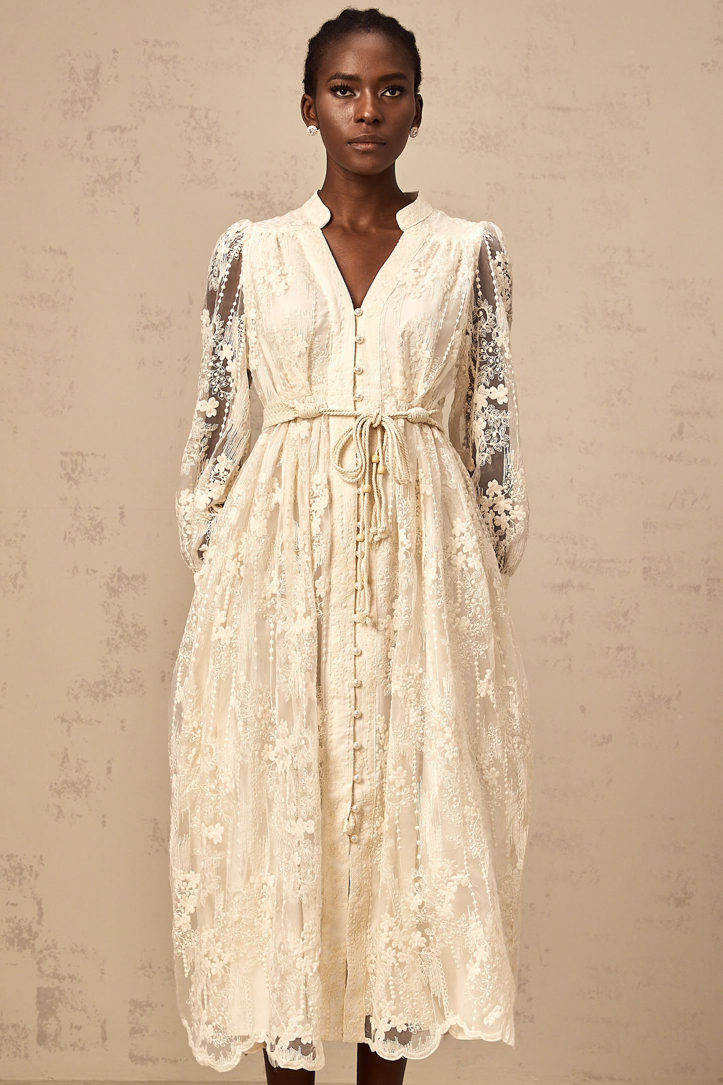 Roxane neutrals lace-embroidery midi dress