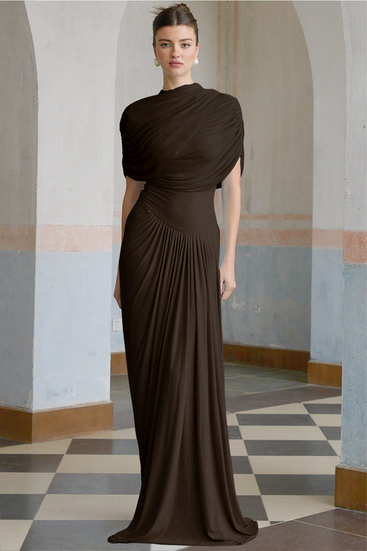 Catherine asymmetric pleated maxi dress in Brown