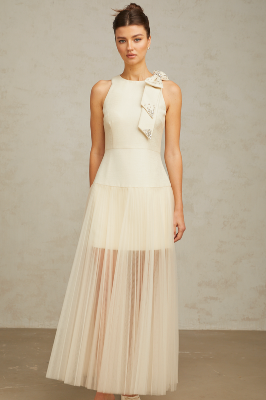 Thérèse bowknot tulle-panelling maxi dress in White