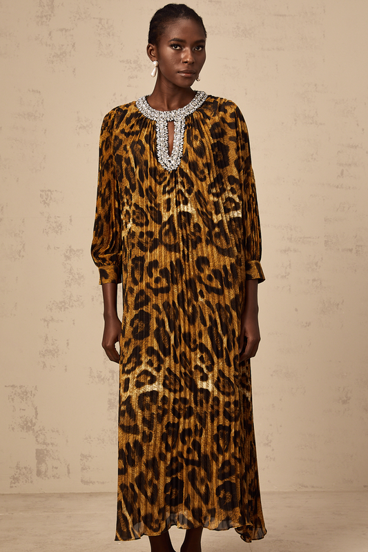 Anaïs brown leopard-print embellished midi dress