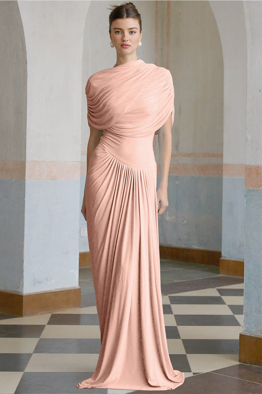 Catherine asymmetric pleated maxi dress in Pink