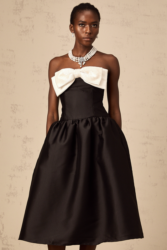 Georgette black bowknot off-shoulder midi dress