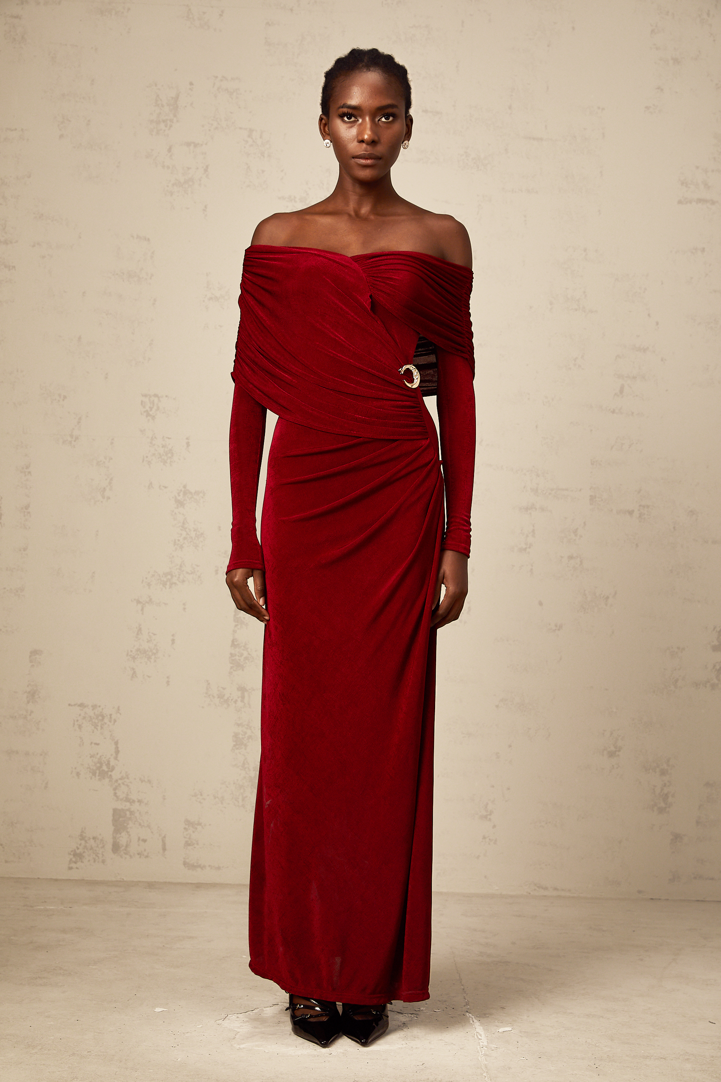Hélène red ruched fitted velvet maxi dress
