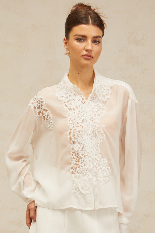 Nadine white flower-embroidery lace-panel shirt