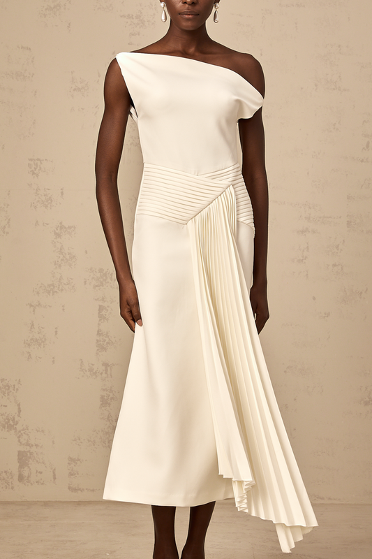 Laurine asymmetric draped midi dress in White