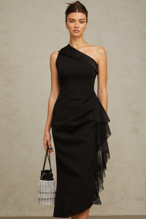 Bernadette black lace-panell asymmetric midi dress