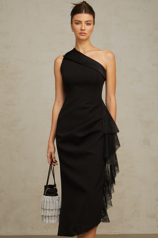 Bernadette black lace-panell asymmetric midi dress
