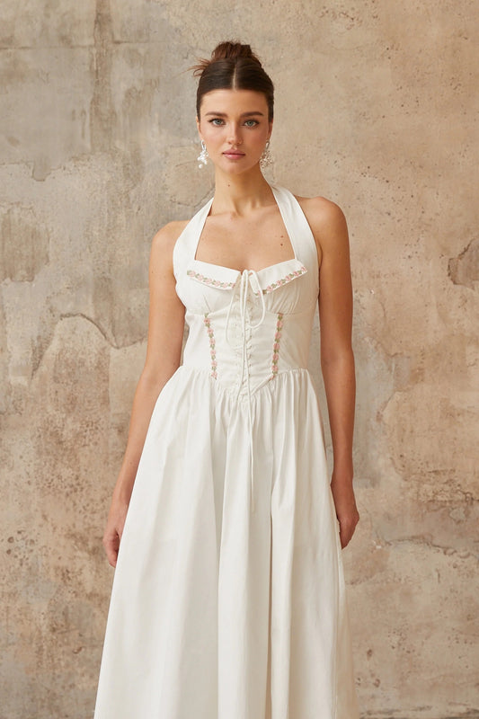 Dulcie White Basque Waist Midi Dress