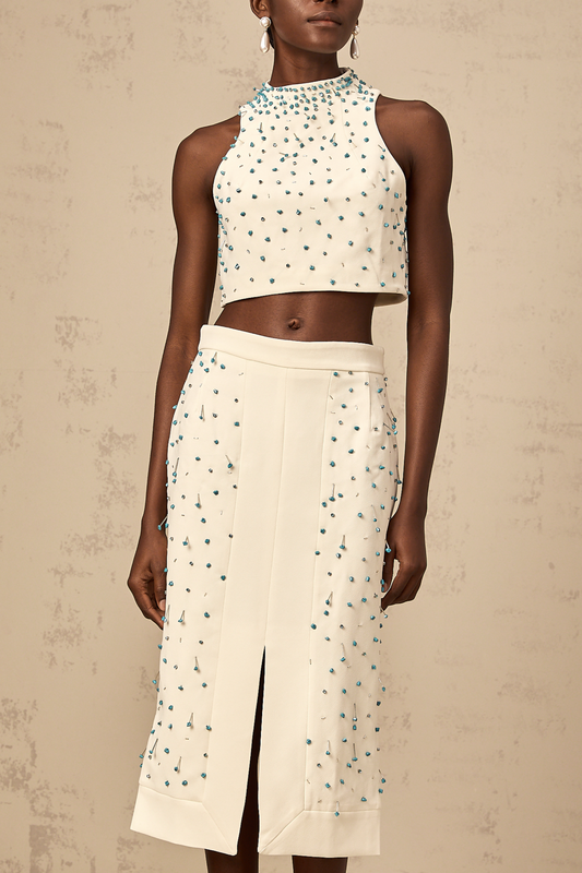 Clothilde off-white embellished top & skirt matching set