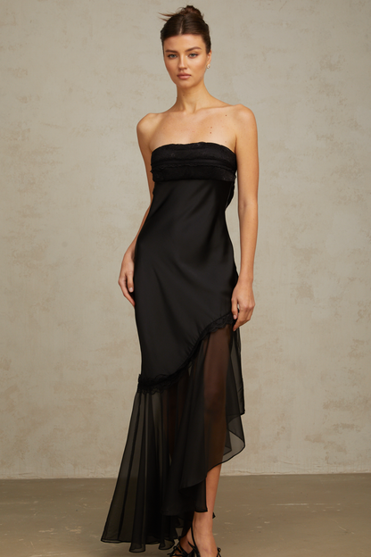 Bernadette black tulle-panelling satin maxi dress