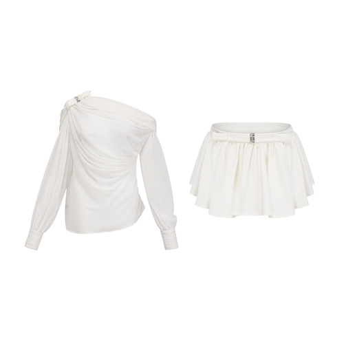 Andrea asymmetric tulle blouse & skirt matching set in White