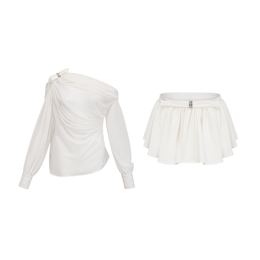 Andrea asymmetric tulle blouse & skirt matching set in White