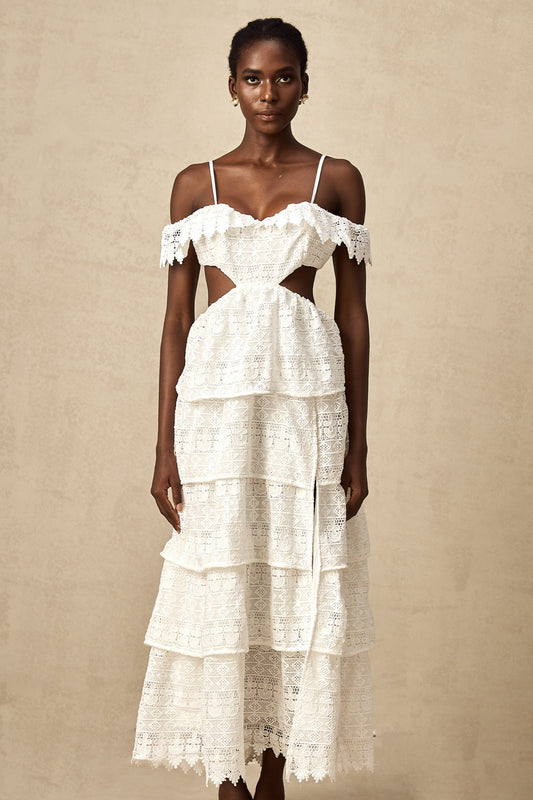 Genevieve white lace open-work maxi dress