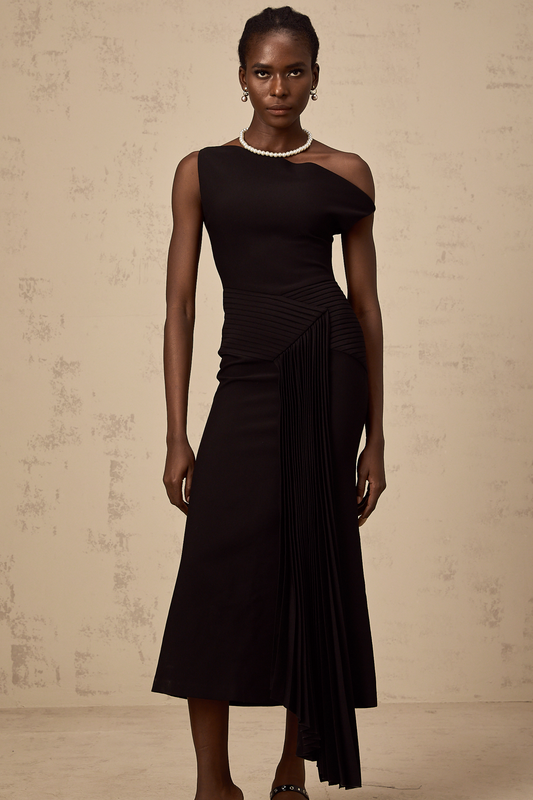 Laurine asymmetric draped midi dress in Black