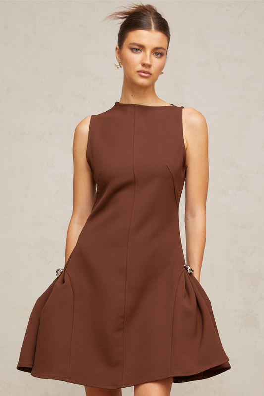 Dora brown asymmetric-neck puff mini dress
