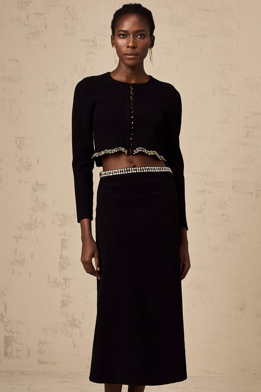 Magali black embellished knitted cardigan & skirt matching set