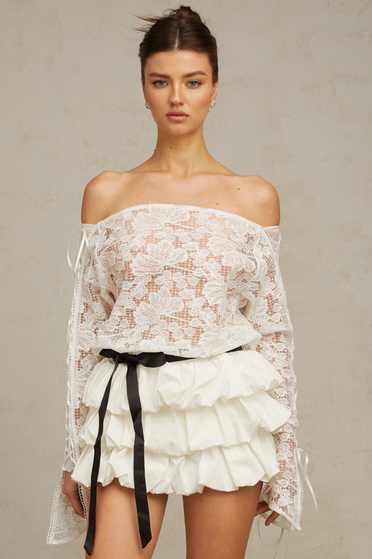 Aveline white floral-lace top & skirt matching set