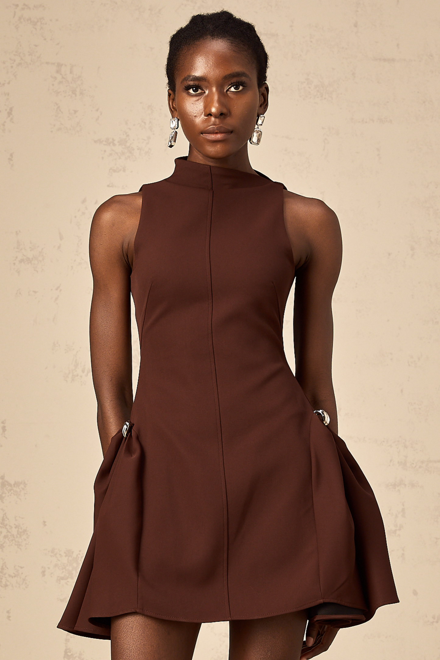 Dora brown asymmetric-neck puff mini dress (US Only)
