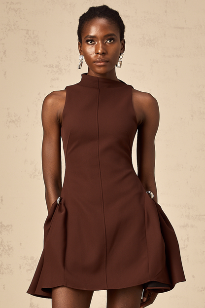 Dora brown asymmetric-neck puff mini dress (US Only)