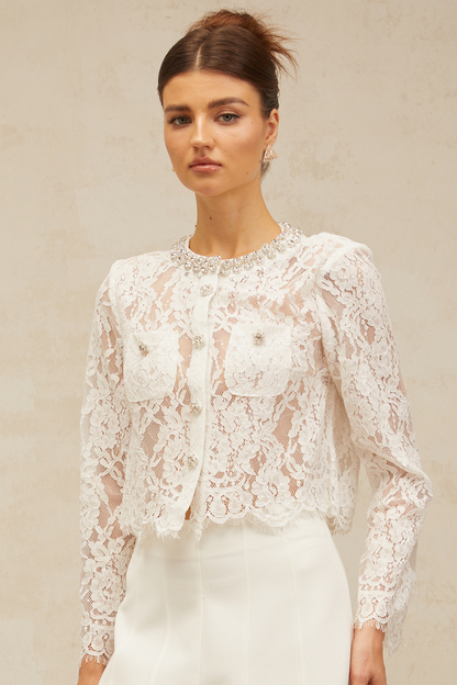 Monique white embellished floral-lace jacket