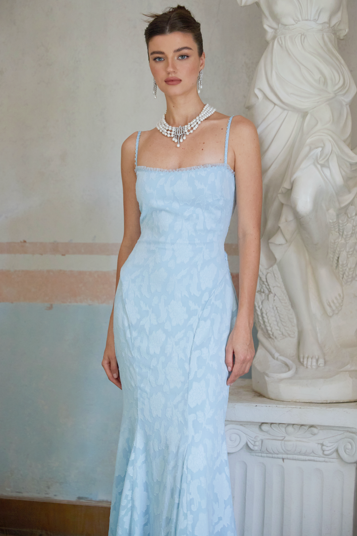 Rosalie lace-up jacquard flared maxi dress in Blue
