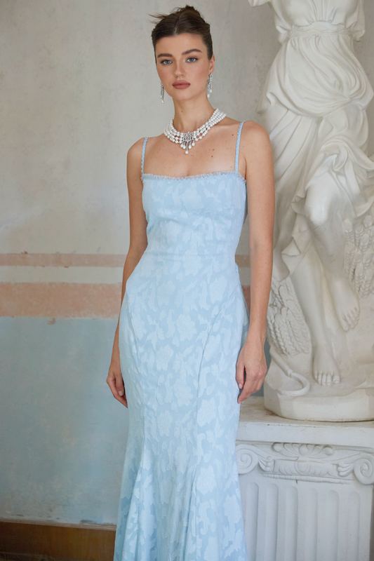 Rosalie lace-up jacquard flared maxi dress in Blue