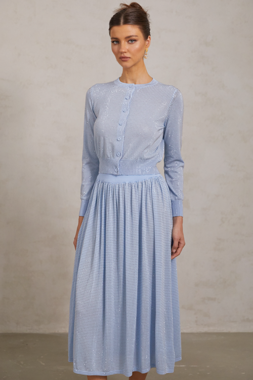 Tiphaine blue rhinestone knitted top & skirt matching set
