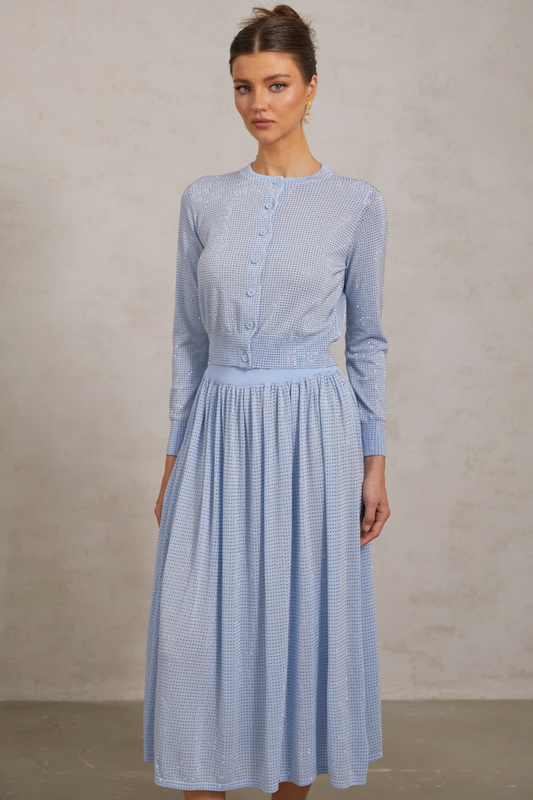 Tiphaine blue rhinestone knitted top & skirt matching set