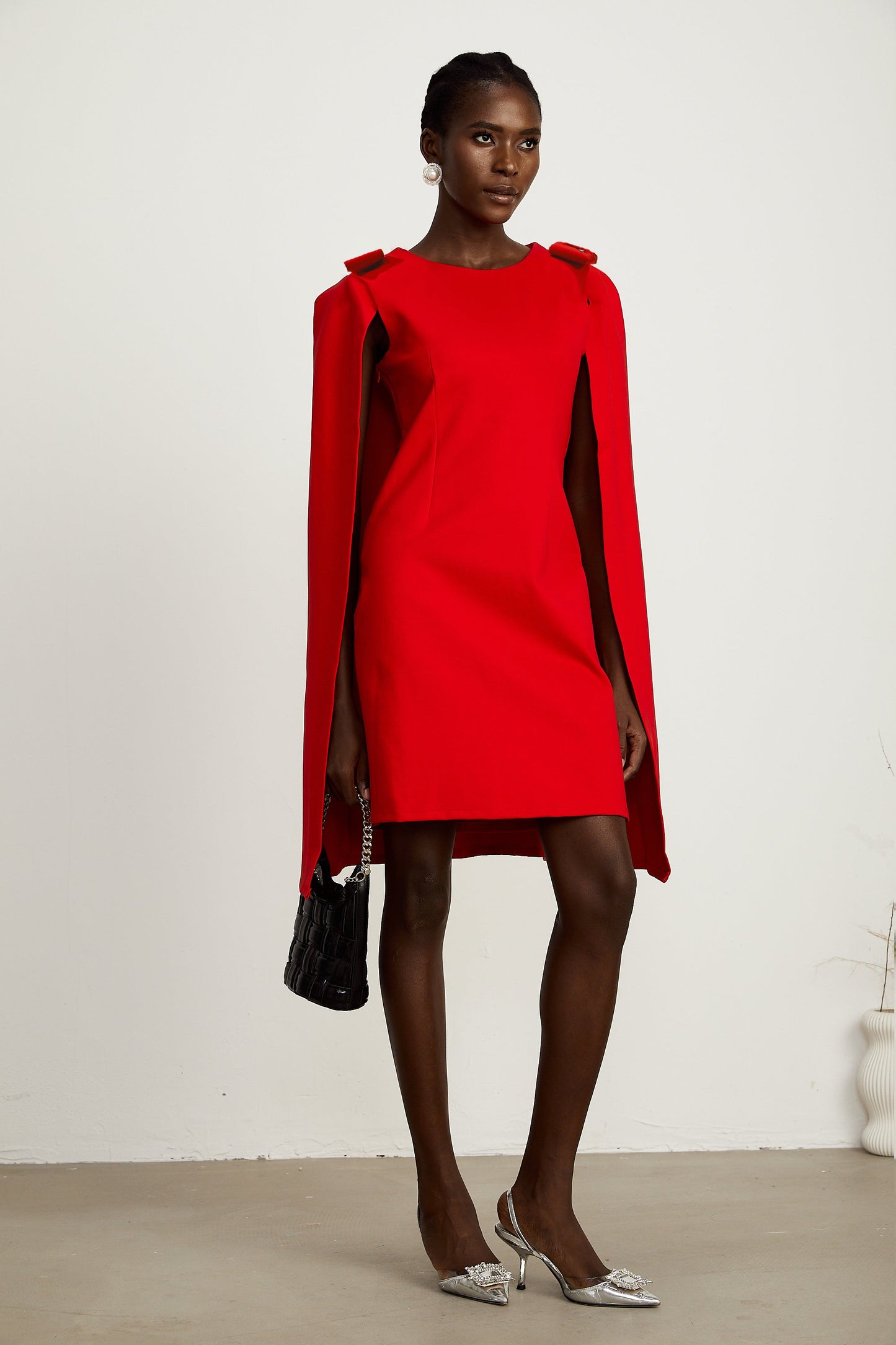 Judith red bow-detail cape mini dress