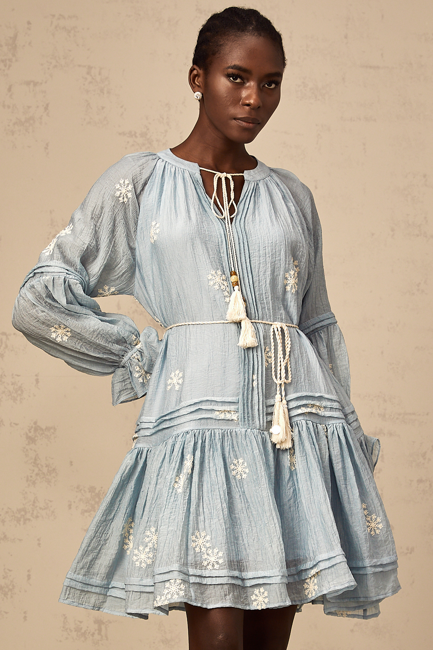 Félicie blue flower-embroidery mini dress