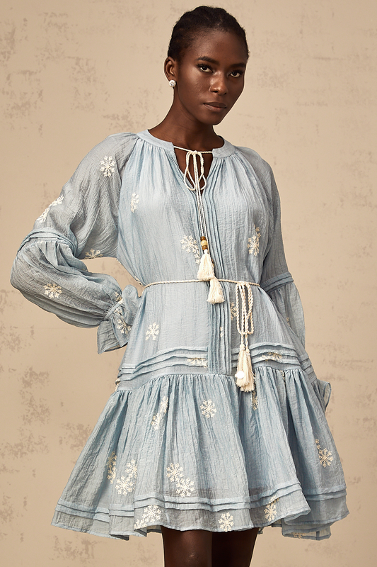Félicie blue flower-embroidery mini dress