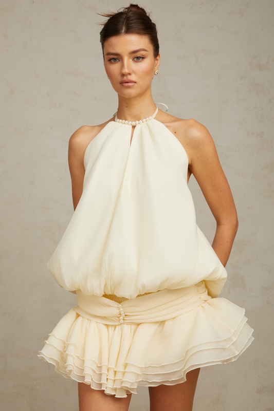 Bérénice white halterneck faux-pearl mini dress