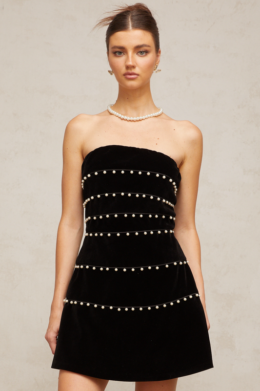Camille black faux-pearl velvet mini dress