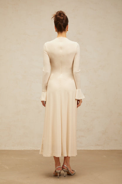 Capucine neutrals cross-over embellished midi dress