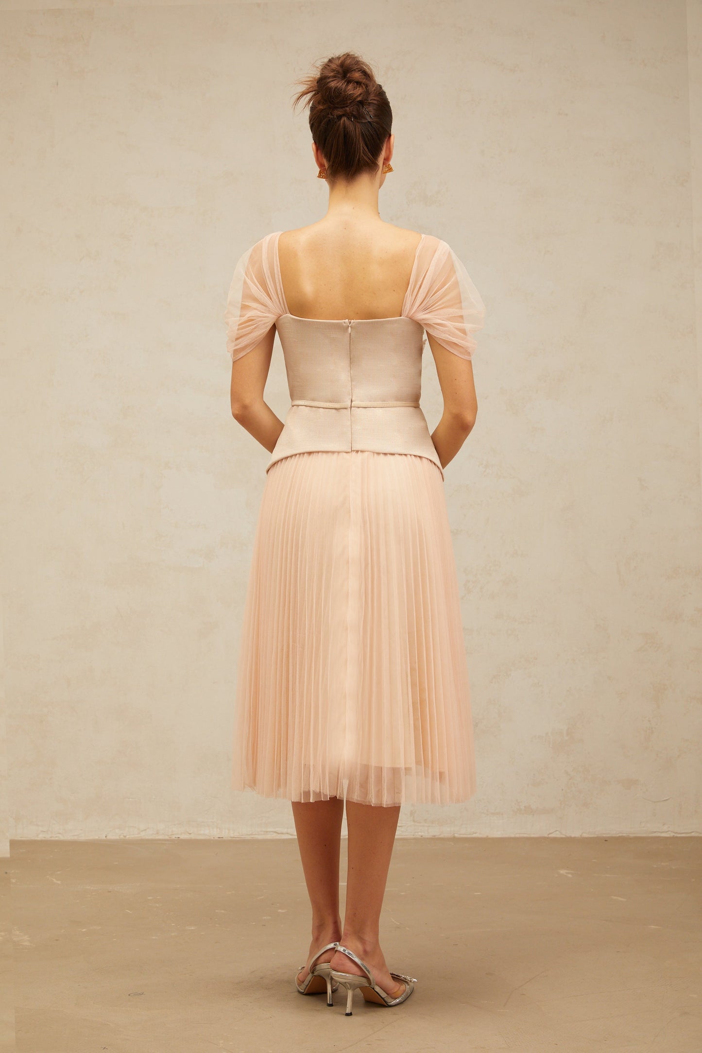 Anaëlle pink-beige flower-embroidery tulle midi dress