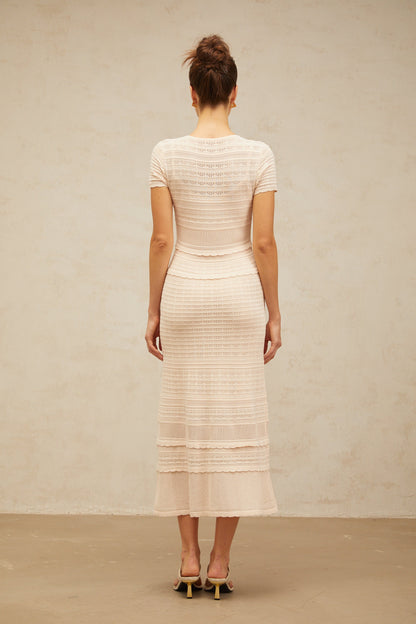Sophie neutrals ruffled-trim crochet-knit midi dress