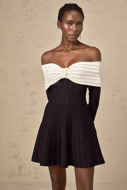 Justine black off-shoulder bow knit mini dress (US Only)
