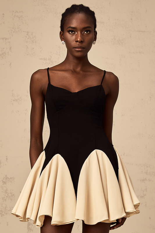 Justine color-blocked godet pleated mini dress
