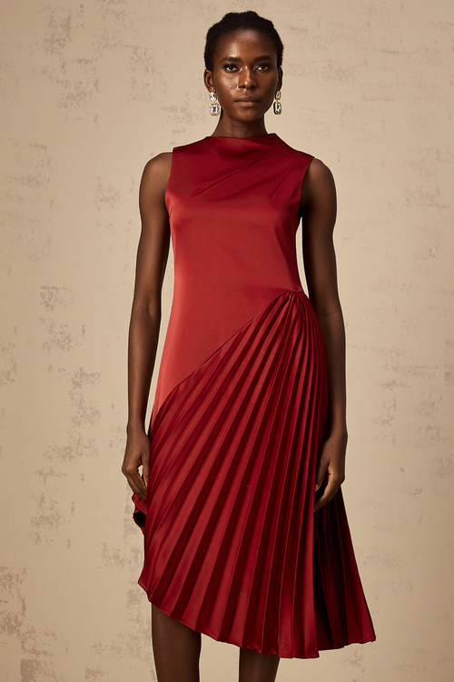 Merle wine red asymmetric pleated midi dress